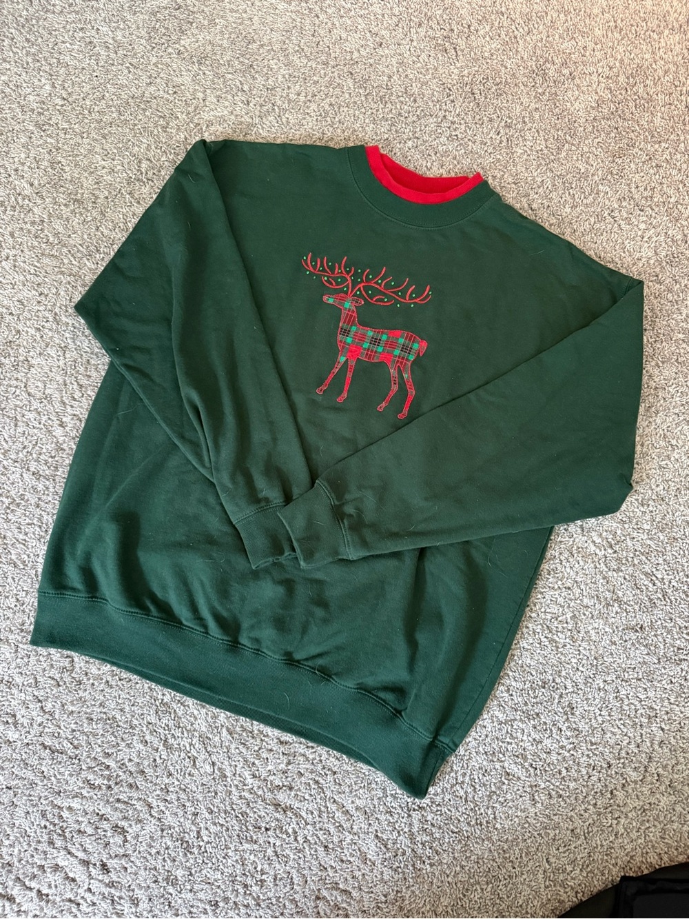 Men's Dark Green Crewneck Sweater with Plaid Reindeer